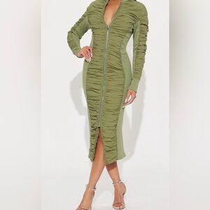 NWT Fashion Nova Olive Long Sleeve Ruched Dress